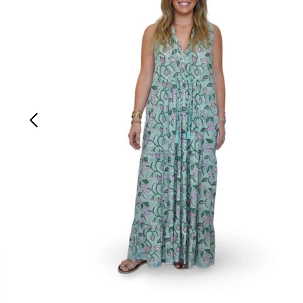 SLV Nora tassel ruffle Maxi Dress in Green and Pink floral. 100% cotton